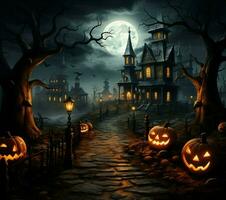 olycksbådande väg, kulle hus, pumpor, kyrkogård illustration uppsättningar halloweens kusligt tona för social media posta storlek ai genererad foto