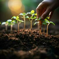 hand häller svart jord på grön bokeh bakgrund plantering en små växt på en lugg av jord för social media posta storlek ai genererad foto