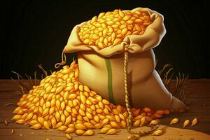tecknad serie stil skildring av en säck fylld med realistisk majs korn ai genererad foto