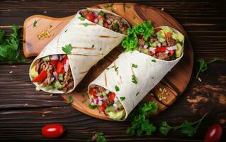 burritos wraps med nötkött och grönsaker på en trä- tabell foto