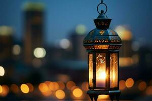ramadan strålglans lykta mot natt himmel, stad bokeh för ramadan ai genererad foto