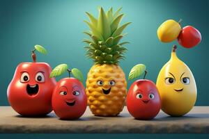 en serier av glad och enkel tecknad serie frukt modeller i 3d ai genererad foto