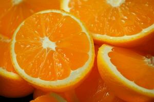 makro närbild mandarin orange skivor, spricker med saftig, vibrerande godhet ai genererad foto