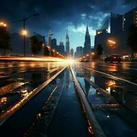 stad lampor spår sida se asfalt väg leder genom de nattlig urban scen för social media posta storlek ai genererad foto