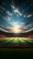 3d fotboll skede, återges stadion värdar livliga fält verkan vertikal mobil tapet ai genererad foto