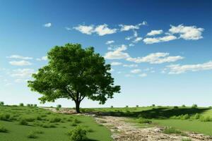 majestätisk träd mot en blå himmel bakgrund, natur och landskap i 3d ai genererad foto