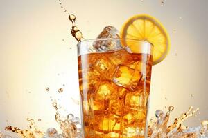 glas av cola med is kuber och citron- skiva på ljus bakgrund ai genererad foto