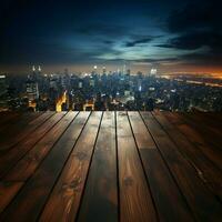 urban horisont trä- tabell under suddig natt himmel, stad byggnader mjukt upplyst för social media posta storlek ai genererad foto
