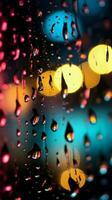 färgrik natt lampor utanför de fönster, regndroppar Lägg till en glöd vertikal mobil tapet ai genererad foto