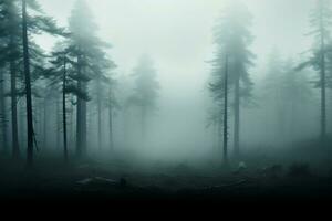 vintrar hemligheter en 3d illustration av en dimmig, rökig tall skog ai genererad foto