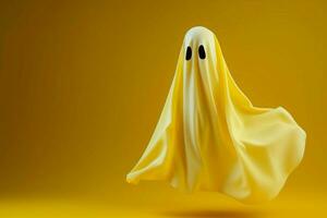 minimalistisk halloween skrämma en flygande spöke i vit ark, gul ai genererad foto