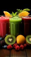 njuta av olika smaker i vår frukt och veggie smoothie sortiment vertikal mobil tapet ai genererad foto