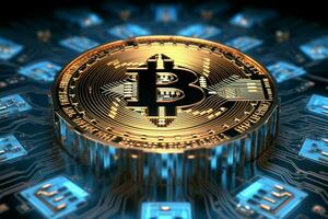 kryptovalutor framtida 3d återges bitcoin och blockchain mot en blå bakgrund ai genererad foto