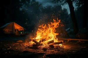 turist läger nattlig lägereld lampor upp de mörk med gnistor ai genererad foto