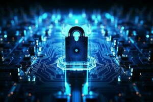 mörk blå glöd symboliserar cyber säkerheter skydd mot digital hot ai genererad foto