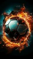 pulserande fotboll rörelse, slående affisch highlighting en dynamisk fotboll klot vertikal mobil tapet ai genererad foto
