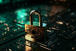 symbolisk hänglås, nyckel, och krypterad data symbolisk av digital skydd ai genererad foto