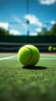 grön domstol surr, miljö beredd för spännande tennis match verkan vertikal mobil tapet ai genererad foto