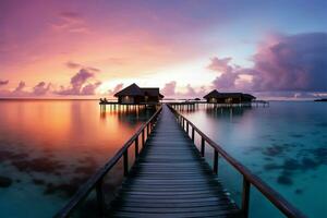 solnedgång horisont i de maldiverna, en lugn ö fly för resenärer ai genererad foto