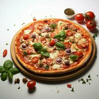 en minimalistisk se av gott pizza Ingredienser, skarpt isolerat på vit för social media posta storlek ai genererad foto