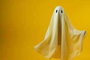 spöklik uppenbarelse vit ark högt upp mot minimal gul halloween bakgrund ai genererad foto