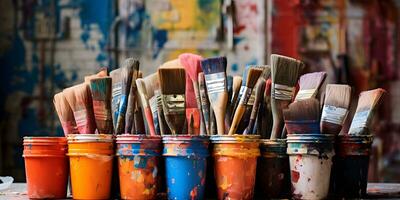 måla borstar och målarfärger i en hink på en grunge bakgrund ai genererad foto