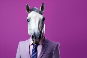 porträtt av en häst i affärsman kostym och slips på en isolerat bakgrund. ai genererad foto