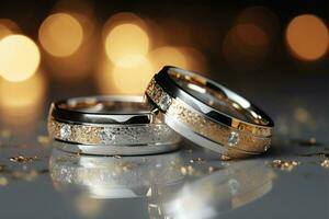 silver- och guld bröllop ringar gnistra på en glittrande bakgrund ai genererad foto