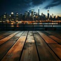 stad natt rendezvous trä- tabell mitt i suddig himmel och lysande urban bakgrund för social media posta storlek ai genererad foto