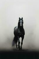 svart hingst i de dimma. svart häst på en mörk bakgrund ai genererad foto