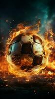 dynamisk tändning, kraftfull sparka skickar fotboll boll i lågor i stadion vertikal mobil tapet ai genererad foto