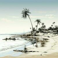 havet skiss handflatan träd bild spåras på sandig Strand, en naturlig strand uttryck för social media posta storlek ai genererad foto