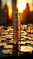 solbelyst mynt kolonner stå lång, skildrar rikedom och strategisk finansiell planera vertikal mobil tapet ai genererad foto