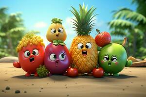 vibrerande 3d frukt tecken i en glad, sommarlik animering ai genererad foto