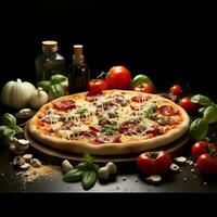vit isolering spotlights de utsökt medley av pizza Ingredienser för social media posta storlek ai genererad foto