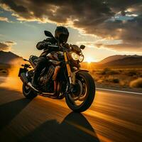 motorväg soluppgång kryssning fortkörning motorcyklist presenterar öppen kopia Plats, symboliserar gryning expedition för social media posta storlek ai genererad foto