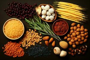 olika Ingredienser visat upp med genomskinlighet vete, nötter, frön, grönsaker, och tång ai genererad foto