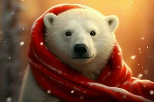 charmig bebis polär Björn, mysigt i en vibrerande röd scarf ai genererad foto