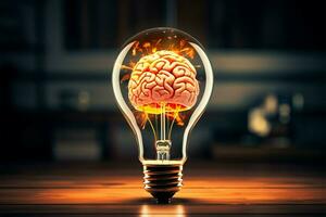 genial begrepp hjärna och ljus Glödlampa symbolisera en kreativ aning ai genererad foto