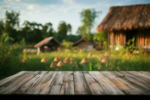 rustik charm ett tömma trä- tabell med en trädgård och hus i de suddig bakgrund ai genererad foto