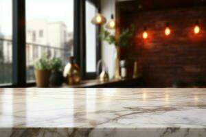 suddig dining rum bakgrund med ett tömma vit marmor bordsskiva ai genererad foto