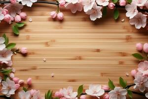 körsbär blomma ram på bambu bakgrund, fira fjädrar skönhet ai genererad foto