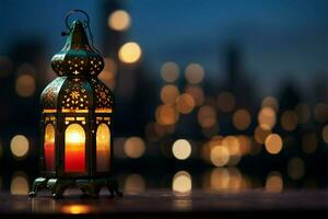 ramadan strålglans lykta mot natt himmel och stad bokeh lampor ai genererad foto