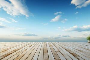 trä- golv möter de öppen himmel i en sömlös, elegant kontrast ai genererad foto