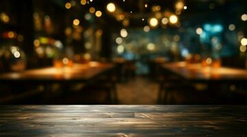 mångsidig falsk upp Plats mörk trä- tabell mot restauranger bokeh bakgrund ai genererad foto
