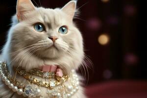 en trendig sällskapsdjur katt med Smycken och Plats för eleganta text ai genererad foto