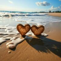 strand roman hjärta dragen på sandig Strand med vågor i de bakgrund för social media posta storlek ai genererad foto