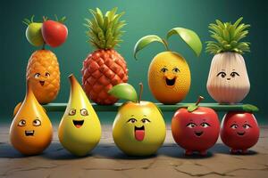 enkel och livlig tecknad serie frukt tecken komma tillsammans i detta serier ai genererad foto