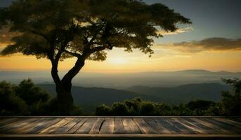 naturer tablå trä- tabell inramade förbi solnedgång, himmel, träd, bergen ai genererad foto