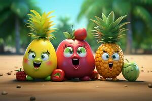 frukt tecken i 3d tecknad serie stil, fattande de värme av sommar ai genererad foto